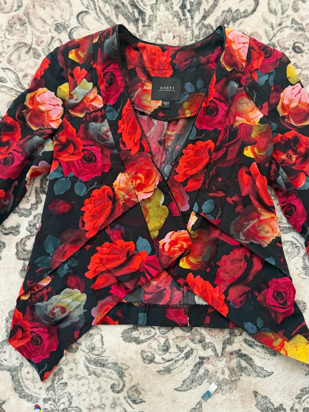 GUESS Black Jacket with Red & Pink Rose Print
